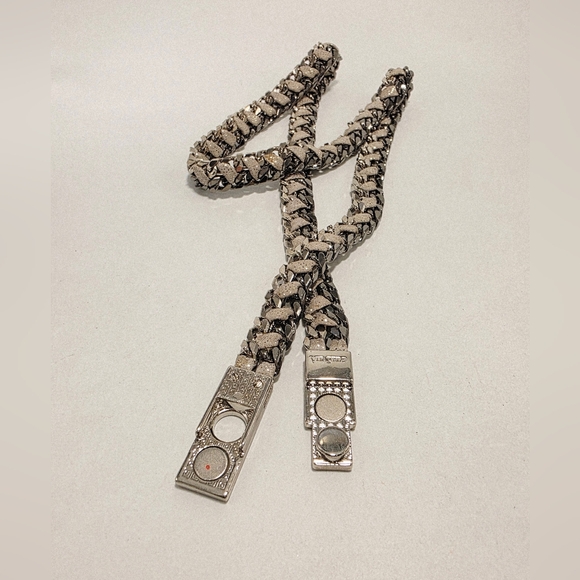 Vita Fete Double Chain Two Tone Silver Breaded Shimmery Sand  Leather Belt New
